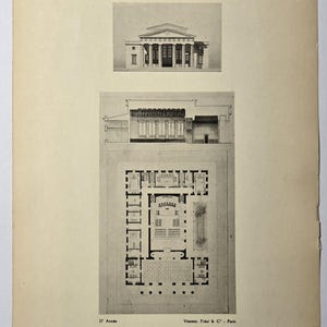 May include: A vintage architectural drawing from 1929-1930, featuring three detailed black and white illustrations. The top image depicts a classical building facade, while the lower two show building plans. Text includes "ECOLE NATIONALE SUPERIEURE DES BEAUX-ARTS".