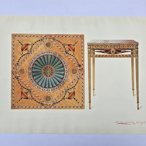 May include: An illustration of two antique tables. One table is square with a detailed inlaid design featuring a central blue fan shape. The other is a rectangular side table with a similar inlaid top and slender legs.