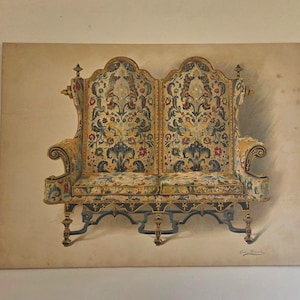 May include: Watercolor painting of a double seat sofa with a high back. The sofa features ornate gold trim and a patterned fabric in shades of blue, yellow, and red. The artwork is framed and mounted on a neutral background.