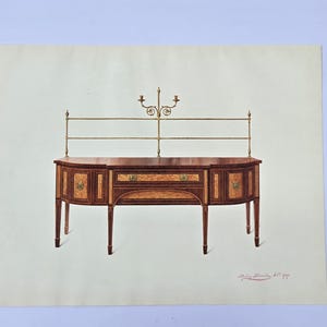 May include: An illustration of a wooden sideboard with a decorative brass rail and candle holders. The sideboard has a curved front with drawers and cabinet doors. The wood has a patterned design.