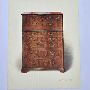 May include: An illustration of a tall, antique wooden chest of drawers. The chest has a dark brown finish with a detailed wood grain pattern. It features multiple drawers with ornate brass handles and a decorative top.