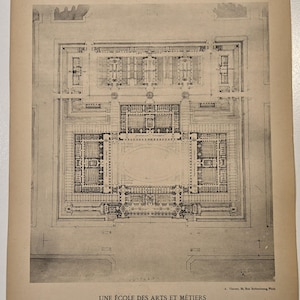May include: A vintage architectural blueprint from 1907, featuring detailed building plans. The document, printed in black ink on aged paper, includes text in French, with the title "LES ESQUISSES DE 24 HEURES EN 1907". The blueprint showcases intricate designs.