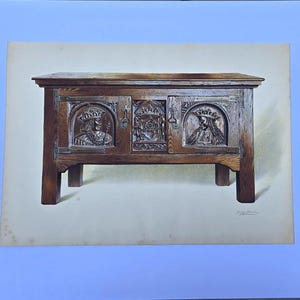 May include: A detailed illustration of a dark brown wooden chest with carved panels. The chest features a rectangular shape with a flat top and four legs. The panels depict regal figures and floral designs, showcasing intricate craftsmanship. The chest is set against a neutral background.