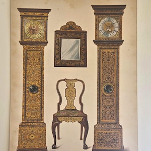 May include: An antique print featuring detailed illustrations of furniture. The image showcases two ornate grandfather clocks, a decorative mirror, and a chair. The clocks and chair have intricate gold and brown patterns, with the clocks displaying clock faces.