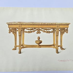 May include: An illustration of a gold-colored console table with ornate carvings. The table has a marble top, detailed legs, and a decorative garland. A small vase sits below the tabletop. The table is set against a white background.