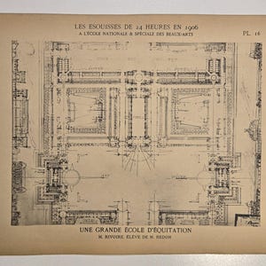 May include: A vintage architectural blueprint with detailed black ink drawings on aged paper. The text at the top reads "LES ESQUISSES DE 24 HEURES EN 1906" and "A L'ÉCOLE NATIONALE & SPECIALE DES BEAUX-ARTS." The bottom text says "UNE GRANDE ÉCOLE D'ÉQUITATION."