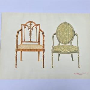 May include: An illustration of two antique chairs. The chair on the left has a wooden frame with a decorative back and a woven seat. The chair on the right has an oval back and patterned upholstery. Both chairs have four legs.