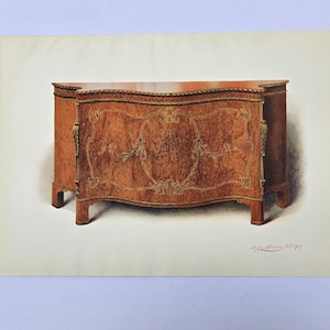 May include: An illustration of a wooden cabinet with a curved front and ornate gold detailing. The cabinet has a warm, reddish-brown finish and is set against a neutral background. The design is classic and elegant.
