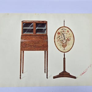 May include: An illustration of two pieces of antique furniture. On the left is a wooden secretary desk with glass-paned doors and drawers. To the right is a decorative screen with an oval floral design, mounted on a stand.