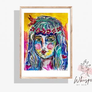 Arte femminile in tecnica mista/Opera d'arte originale 12 x 16 pollici/Ritratto d'arte boho, arte femminile espressiva ed emotiva, quadro murale dipinto a mano