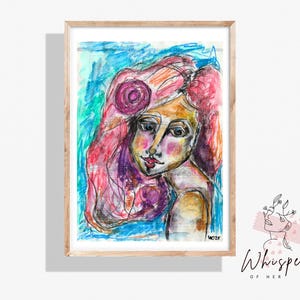 Arte femminile in tecnica mista/Opera d'arte originale 8 x 11 pollici/Ritratto d'arte boho, arte femminile espressiva ed emotiva, quadro murale dipinto a mano