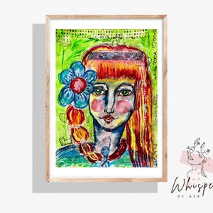 Arte femminile in tecnica mista/Opera d'arte originale 8 x 11 pollici/Ritratto d'arte boho, arte femminile espressiva ed emotiva, quadro murale dipinto a mano