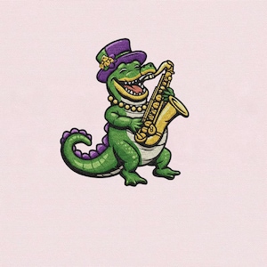 May include: A cartoon alligator wearing a purple hat and a pearl necklace, playing a gold saxophone. The alligator is green with purple accents and a smiling expression. The image is set against a light pink background.
