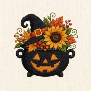 Maskinbroderidesign för Halloween-kittel, broderimönster för solros-pumpakruka, digital fil för höstblommor, häxdekordesign