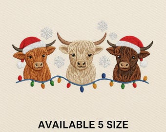 Highland Cow Embroidered Christmas Design, Cute Holiday Farm Design, Santa Cow Lights Design, Cozy Country Christmas Gift