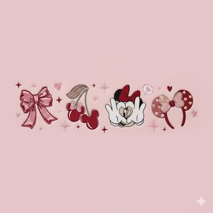 May include: Embroidered pink design featuring a bow, cherries, Minnie Mouse hands, and a headband with Minnie Mouse ears. The design includes hearts, stars, and a speech bubble on a light pink background.