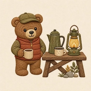 Op de afbeelding: Een geborduurde bruine teddybeer met een groene pet en een rood gewatteerd vest, die een witte mok vasthoudt. Naast de beer staat een houten bankje met een groene koffiepot, een witte mok en een groene lantaarn met geel licht.