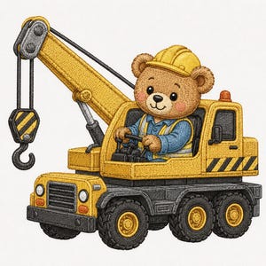 May include: An embroidered patch featuring a brown teddy bear wearing a yellow hard hat and a blue work shirt, sitting in the driver's seat of a yellow and gray construction crane truck with a black and yellow striped hook hanging from the boom.