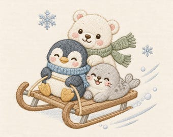 Peut inclure: Un motif de broderie représentant un ours polaire blanc avec une écharpe vert sauge, un manchot gris avec une écharpe bleue et un bébé phoque gris sur une luge en bois. Deux flocons bleu clair et des cercles de neige blancs les entourent.