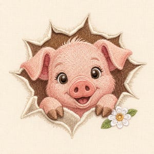 Puede incluir: Un diseño bordado que muestra a un cerdito de color rosa claro asomándose a través de un agujero irregular con bordes marrones en una tela color crema. El cerdito tiene ojos oscuros grandes, un hocico y dos pezuñas visibles. Abajo hay una margarita.