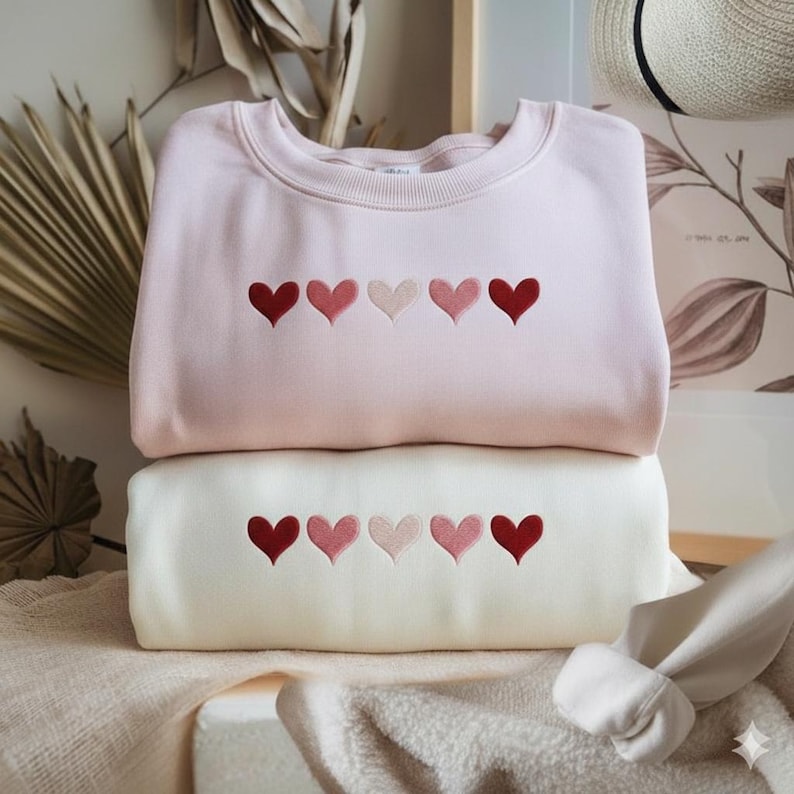K&ouml;nnte beinhalten: Zwei Sweatshirts, eines in Rosa und eines in Creme, sind gestapelt. Jedes hat f&uuml;nf gestickte Herzen in verschiedenen Rot- und Rosat&ouml;nen. Die Sweatshirts sind ordentlich gefaltet, was auf einen gem&uuml;tlichen, l&auml;ssigen Stil hindeutet.