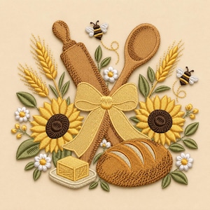 Sunflower Baking Embroidery Design, Rolling Pin Spoon Bread and Bees, Rustic Farmhouse Kitchen Machine Embroidery File