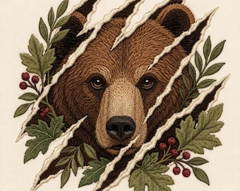 Broderidesign av vildbjörn, porträtt av grizzlybjörn i skogen med löv och grenar, broderi av skogsnatur, rustik gåva för utomhusbruk
