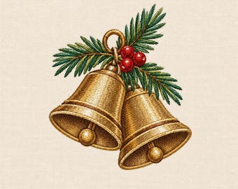 Christmas Bells Machine Embroidery Design, Golden Holiday Bells with Pine and Berries Digital File, Festive Winter Embroidery Pattern