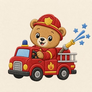 Firefighter Bear Embroidery Design, Cute Fire Truck Machine Embroidery, Hero Animal Digital Sewing Pattern, Kids Nursery Stitching File