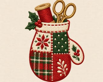 Christmas Sewing Stocking Machine Embroidery Design, Patchwork Stocking with Thread and Scissors Digital File, Holiday Craft Room Decor