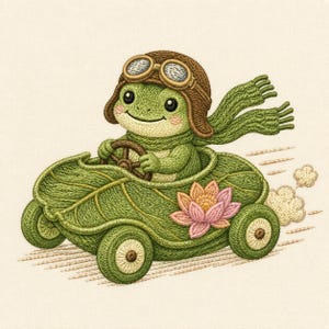 Può includere: Un'illustrazione ricamata di una rana verde che indossa un berretto da aviatore marrone con occhiali protettivi e una sciarpa abbinata, alla guida di un'auto da corsa a forma di grande foglia verde con un fiore di loto rosa sul lato.