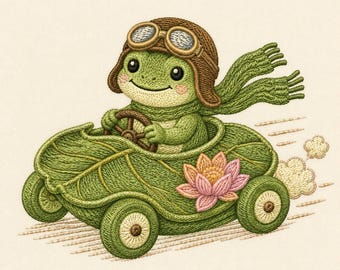 Cute Frog Machine Embroidery Design, Baby Frog Driving Leaf Car Embroidery Pattern, Woodland Spring Digital File for Kids Nursery Decor