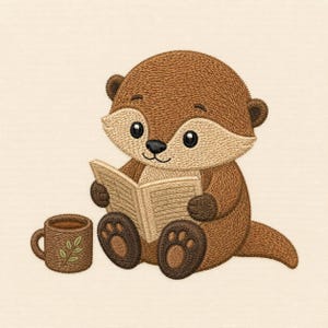 以下が含まれることがあります： クリーム色の顔をした茶色のカワウソの刺繍デザイン。カワウソは座って開いた本を持っています。カワウソの横には、緑の葉の模様が入った茶色のマグカップがあります。画像全体が、質感のあるステッチ糸のスタイルで表現されています。