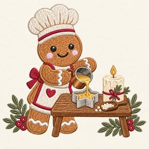 Gingerbread Baker Embroidery Design, Cute Christmas Cookie Making a Star Pastry, Holiday Kitchen Machine Embroidery Digital Download