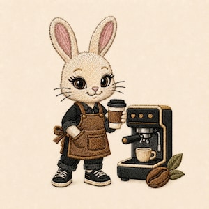 May include: An embroidered design of a light beige rabbit wearing a brown apron over a black outfit, holding a coffee cup. Next to the rabbit is a black espresso machine with a small cup and a single coffee bean with two green leaves nearby.