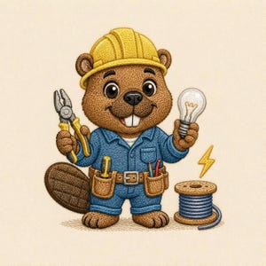 May include: An embroidered illustration of a brown beaver wearing a yellow hard hat and blue work coveralls. The beaver holds metal pliers in one hand and a light bulb in the other. A tool belt, a spool of blue wire, and a yellow lightning bolt icon are visible.