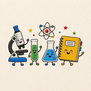 Peut inclure: Un motif brodé représentant un microscope bleu et blanc, un tube à essai vert, un erlenmeyer bleu et un carnet à spirales jaune, tous dotés de visages souriants et de bras. Un symbole d'atome et de petites étoiles colorées sont placés au-dessus.