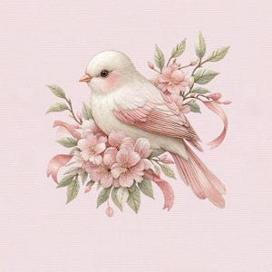 May include: A watercolor illustration of a white bird with pink accents, perched amidst pink flowers and green leaves. Pink ribbons are intertwined with the floral arrangement. The background is a soft pink.