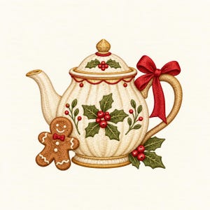 May include: A cream-coloured ceramic teapot featuring a ribbed texture, decorated with embroidered-style green holly leaves and red berries. A bright red bow is tied to the handle, and a brown gingerbread man cookie sits at the base.