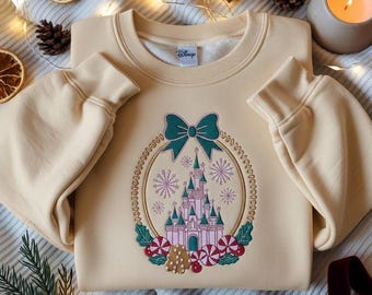 BRODERADE Coquette-rosetter Disney Castle Juldesign, Disneyland Jult-T-shirt, Disney Pepparkakor Polkagrisdesign, Julsäsong