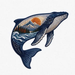 May include: An embroidered patch shaped like a whale with a dark blue outline. The body of the whale features a detailed landscape scene with a bright orange sun, snow-capped mountains, a dense forest of pine trees, and white ocean waves.
