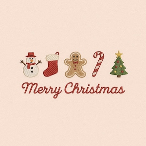 May include: Embroidered Christmas design featuring a snowman, stocking, gingerbread man, candy cane, and Christmas tree. The phrase "Merry Christmas" is written in a cursive font below the festive icons. The background is a light pink color.