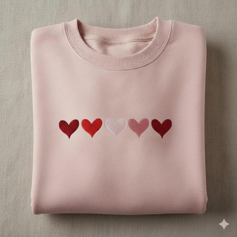 K&ouml;nnte beinhalten: Ein gefaltetes, hellrosa Sweatshirt mit Rundhalsausschnitt. Das Sweatshirt hat f&uuml;nf gestickte Herzen in Rot- und Rosat&ouml;nen auf der Brust. Die Herzen sind in einer horizontalen Linie angeordnet.