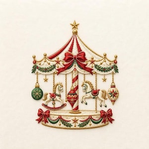 May include: An embroidered carousel design featuring two white rocking horses, a central striped pole, and hanging ornaments. The structure is decorated with red bows, green garlands, and gold stars, all rendered in detailed thread work on a cream fabric.