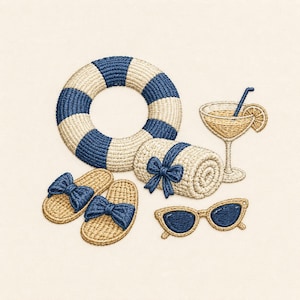 May include: An embroidered design featuring a blue and cream striped life preserver, a rolled cream towel with a blue bow, a pair of tan slides with blue bows, a pair of cat-eye sunglasses with blue lenses, and a cocktail with a blue straw.