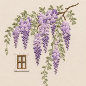 Diseño de bordado de glicinias, patrón de bordado de flores de glicinias colgantes, archivo de bordado de ventana floral morada