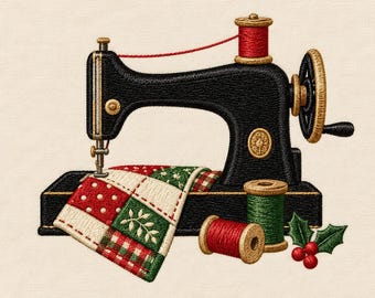 Vintage Sewing Machine Christmas Embroidery Design, Holiday Patchwork and Thread Digital File, Festive Sewing Room Machine Embroidery