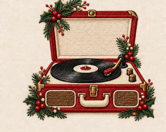 Christmas Record Player Machine Embroidery Design, Vintage Holiday Turntable with Pine and Berries Digital File, Retro Music Decor