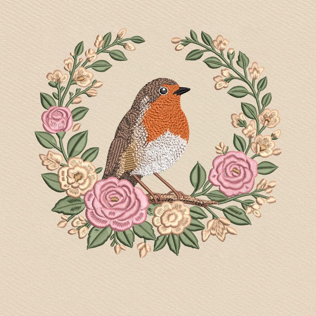 Robin Bird Embroidery Design, Floral Wreath Stitch File, Vintage Bird ...