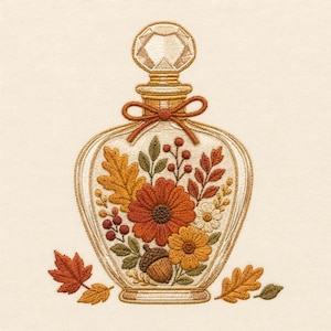 May include: An embroidery design of a glass perfume bottle filled with autumn flowers, oak leaves, berries, and an acorn. The bottle features a faceted stopper, a tied ribbon at the neck, and is surrounded by loose fallen leaves on a cream fabric.